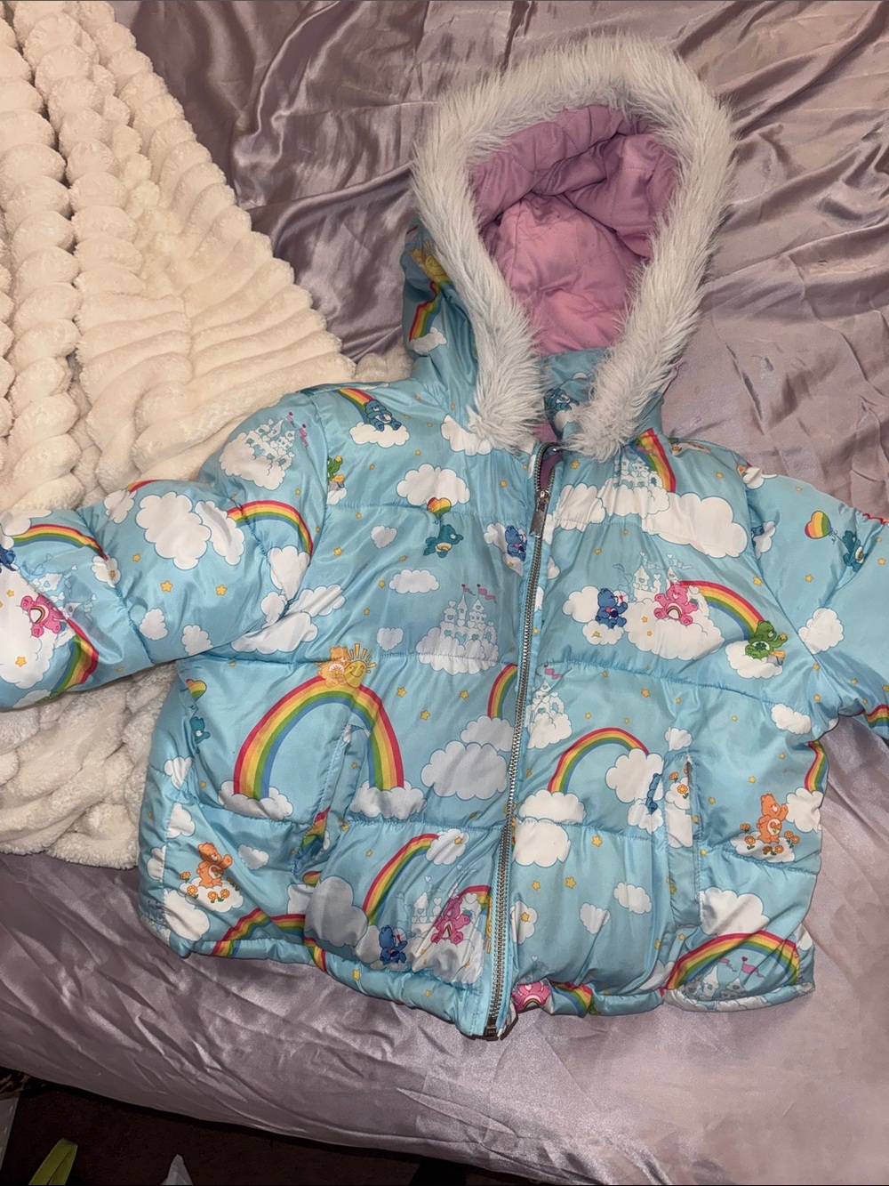Women’s Rainbow Cloud Puffer Jacket with Faux Fur Hood